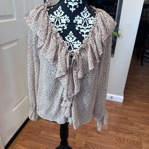 Tan and Brown Ruffled Tie Front Blouse